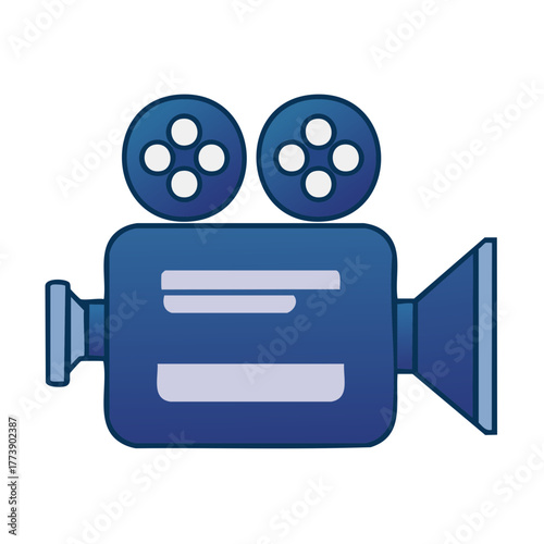 Retro blue film camera icon with reel spools and lens
