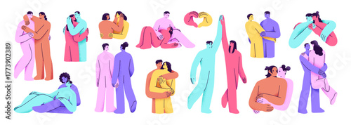 Abstract embracing romantic couples set. Colourful beloved characters love and hug together. Happy lovers cuddle, hold hands, support, enjoy the feelings. Flat isolated vector illustrations on white