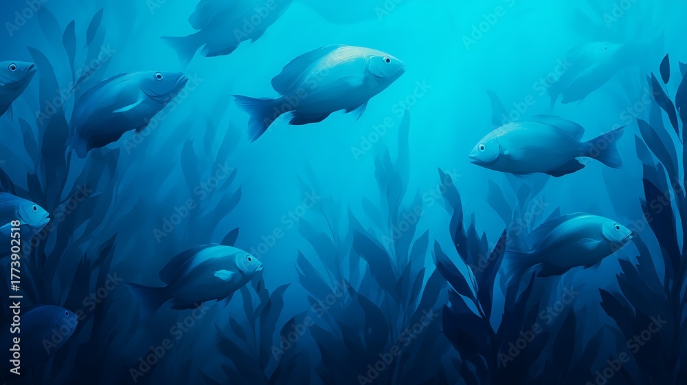 Fototapeta premium A serene underwater scene featuring a school of blue fish swimming among lush aquatic plants in a vibrant blue ocean.