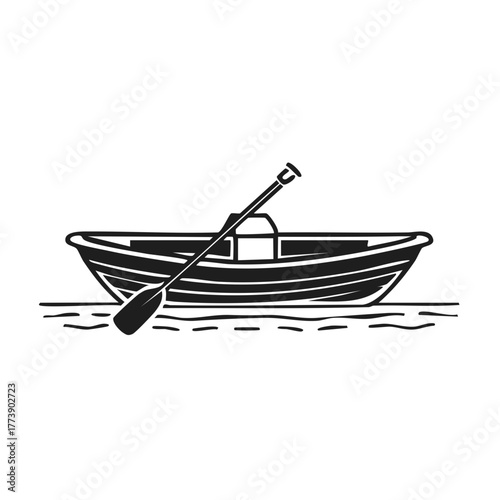 Simple Rowboat with Paddle Resting on Calm Water Surface Minimalist Black and White Graphic