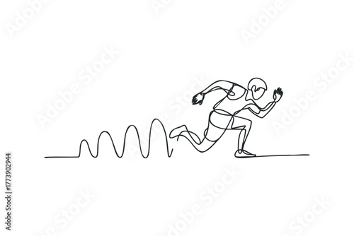 Runner crossing finish line with a wavy line graphic