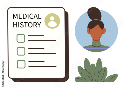 Medical history sheet with checklist, patient portrait, and green foliage background. Ideal for healthcare, patient records, consultation, medical data, wellness diagnostics and insurance. Simple