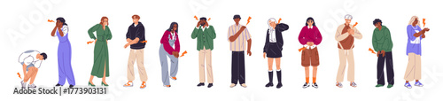 Set of diverse people with different body pains. Characters with headache, back and heart ache, hurts of knees, legs. Ill men and women with sick joints. Flat isolated vector illustrations on white