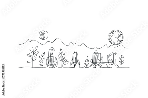 Continuous line drawing of rockets and celestial bodies