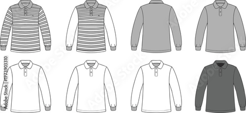 Men’s long sleeve polo shirt technical flat sketch, front back view, cad vector illustration