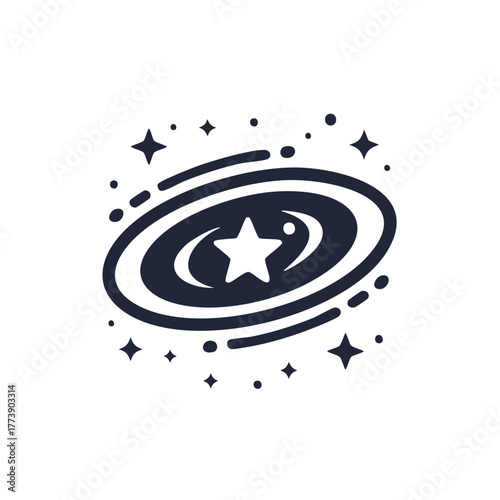 Galaxy illustration with a star, crescent and orbiting celestial bodies concept