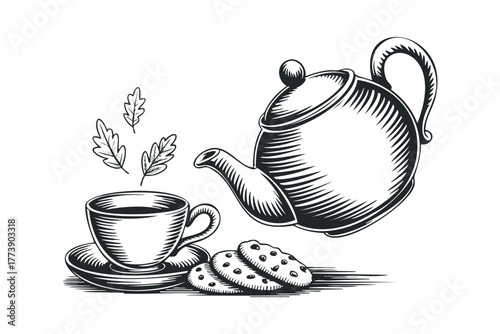 Tea pouring into cup with cookies and leaves graphic