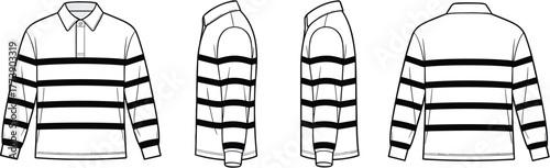 Men’s rugby shirt technical sketch, front side back view, cad drawing flat vector illustration