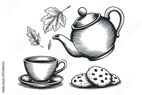 Teapot pouring liquid into cup with leaves and cookies