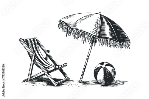 Beach chair and umbrella with striped ball