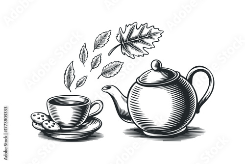 Line drawing of a steaming teapot, teacup with cookies, and floating leaves
