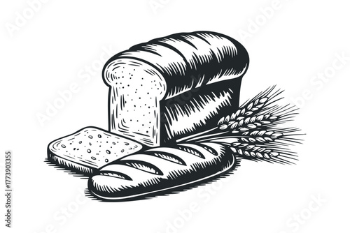 Loaf of bread slice and wheat stalks