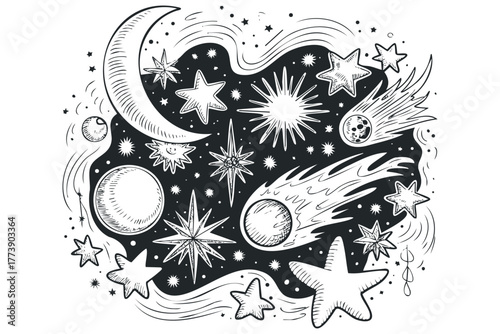 Celestial bodies in stylized sketch with moon, stars, and comets