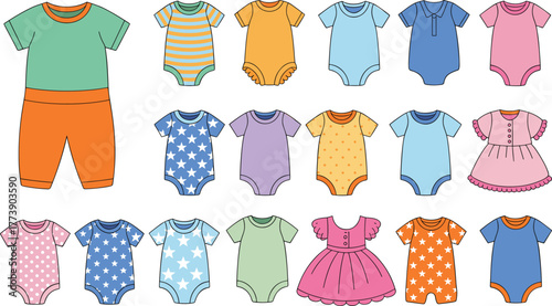 Colorful baby clothes collection with bodysuits, rompers, dresses, cute patterns, short sleeves, vector fashion illustration