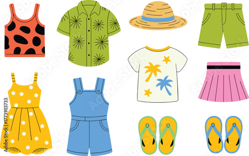 Summer Clothing Collection, Flat Vector, Fashion Illustration, CAD Drawing, Colorful Apparel Design