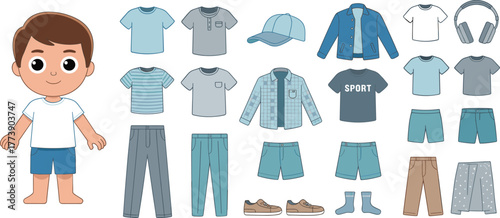 Boy Dress Up Game, Flat Vector, CAD Drawing, Kids Fashion Mix Match Illustration