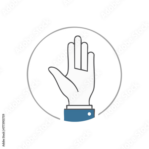 Minimalist line art illustration of a human hand raised in a stop or greeting gesture icon within a circular frame.