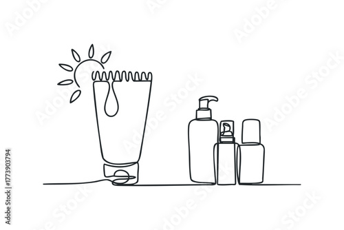 Continuous Line Drawing of Sunscreen and Cosmetic Bottles