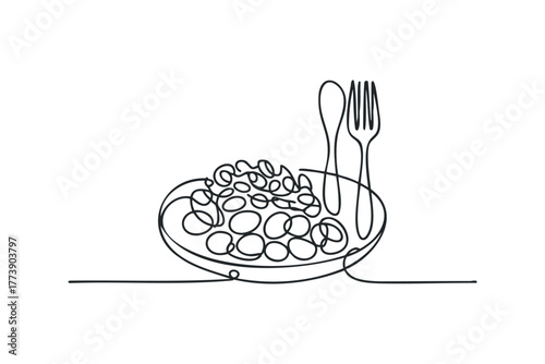 Line drawing of spaghetti and meatballs with fork
