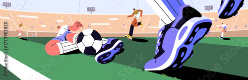 Football match banner. Soccer players play in sport stadium. People in sportswear, uniform pass, kick, hit ball with foot. Sportsmen contest at championship, competition. Flat vector illustration