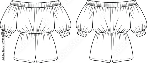 Off shoulder romper design, women summer outfit fashion, flat outline vector illustration drawing