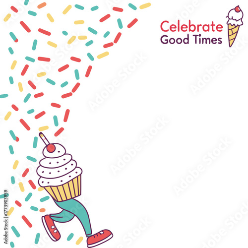 Ice cream cone with chocolate and sweet dessert decorations