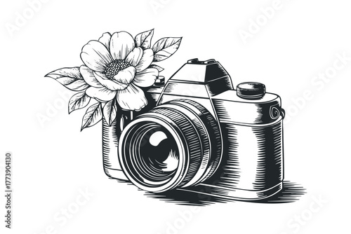 Vintage camera adorned with a blooming flower and leaves
