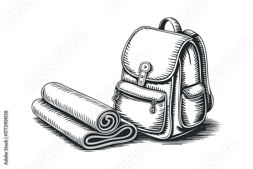Black and White Sketch of Backpack and Rolled Mat