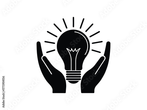 Black icon of hands cradling a light bulb with a visible filament and radiating lines idea