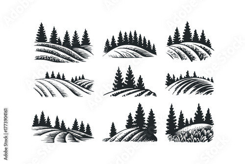 Collection of Stylized Evergreen Trees on Rolling Hillsides