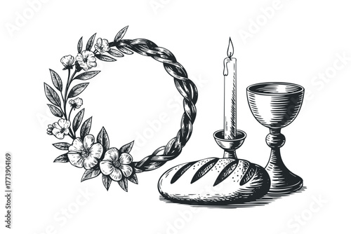Floral wreath with bread, candle, and chalice