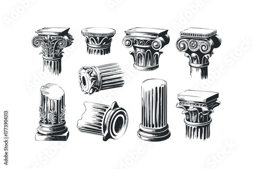Collection of Classical Architectural Column Capitals and Shafts