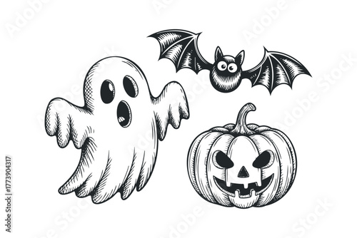 Spooky Halloween Ghost Bat and Pumpkin Trio