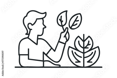 Person examining plant leaves in minimalist line art style