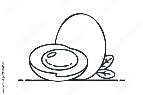 Line art of a halved boiled egg with leaves