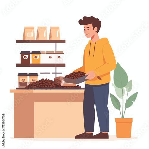 A man scoops coffee beans from a display at a store, with shelves of packaged goods behind him.