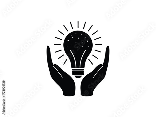 Black silhouette of hands holding a glowing light bulb with radiating lines idea support