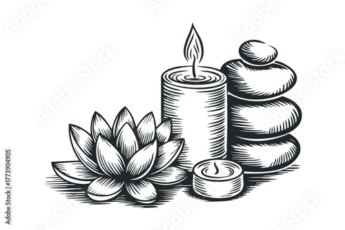 Zen stones and lotus flower with lit candle