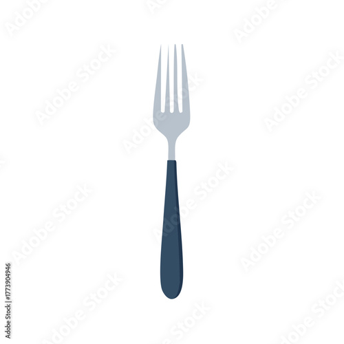 Single utensil for eating featuring metallic tines and a dark blue handle