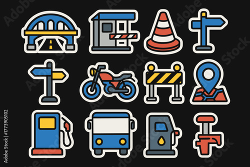 Colorful transportation and road icons set with bold outlines