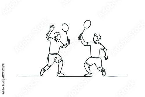 Two people playing badminton with rackets