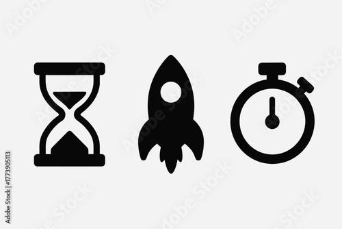Simple icons of hourglass, rocket, and stopwatch on minimal background
