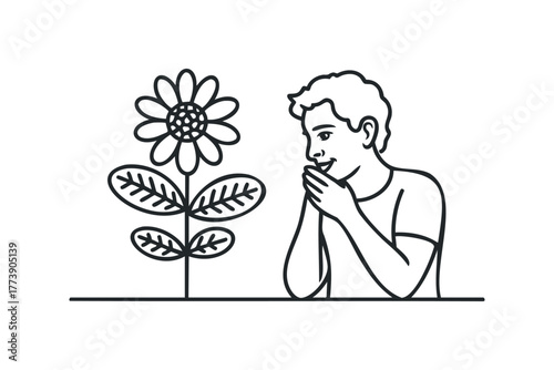 Young person admiring a stylized flower