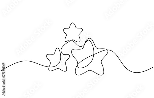 Continuous one line drawing of Three stars vector, Illustration isolated on transparent background. Editable stroke