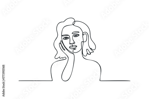 Single line drawing of a pensive woman resting her head on her hand