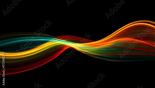 Abstract multicolor light wave on black background with glowing motion effect
