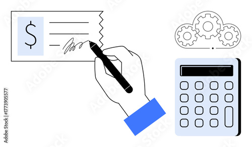 Hand signs a check as a calculator and interconnected gears depict financial computation, automation, and decision-making. Ideal for banking, bookkeeping, budget planning, finance, accounting