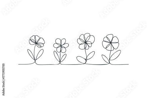 Minimalist line art of four flowers growing in a row