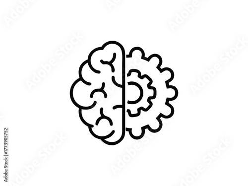 Outline of a human brain split with a gear on a white background line art cogwheel