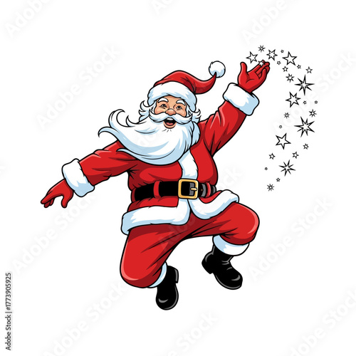 Santa claus in red suit jumping with stars emanating from his hand on a white isolated background